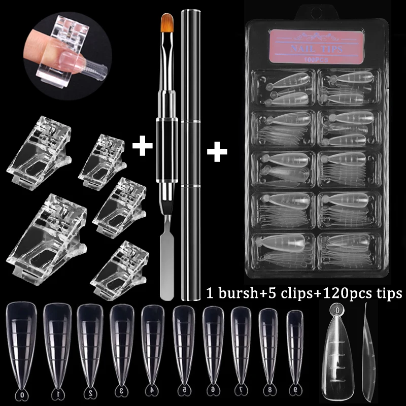 Nail Tips Tool Kit For Quick Building Full Cover Extension Gel Ductility False Nail Tips With Plastic Clamps Manicure Tools