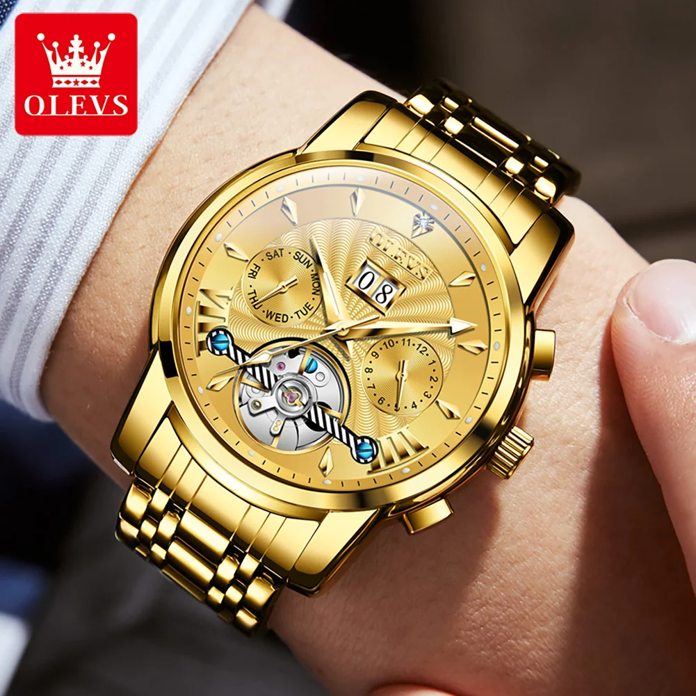 OLEVS Luxury Top Brand Watch for Men Automatic Mechanical Watches Waterproof Stainless Steel Skeleton Design Man Wristwatch