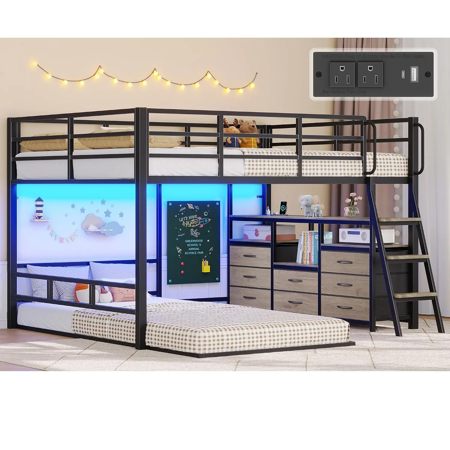 Bunk Bed Full Over Twin,Low Bunk Bed with 8 Drawers & 4 Shelves | Bunk bed with Desk,15