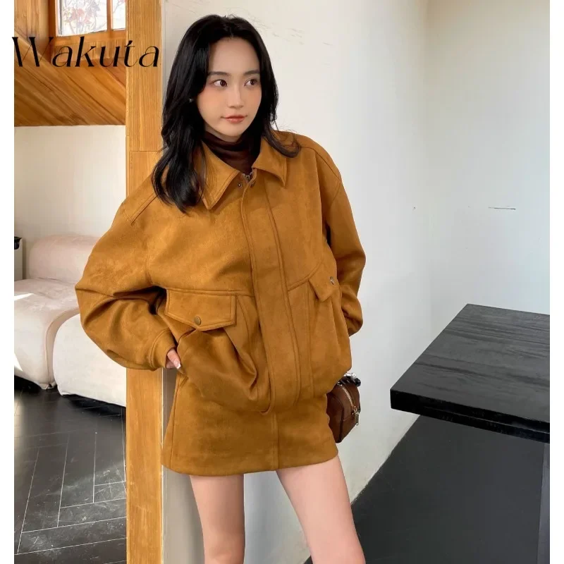 WAKUTA Korean Retro Versatile Lapel Loose Long-sleeved Jacket Chic A-line Half-body Dress Short Skirt Fall Matching Sets 니트 스커트