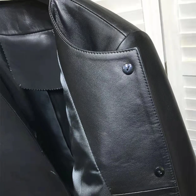 Short Length Genuine Leather Jacket 2022 New Arrival Women Coat Spring O-Neck Collar Overcoat Striped Ornament Single Breasted