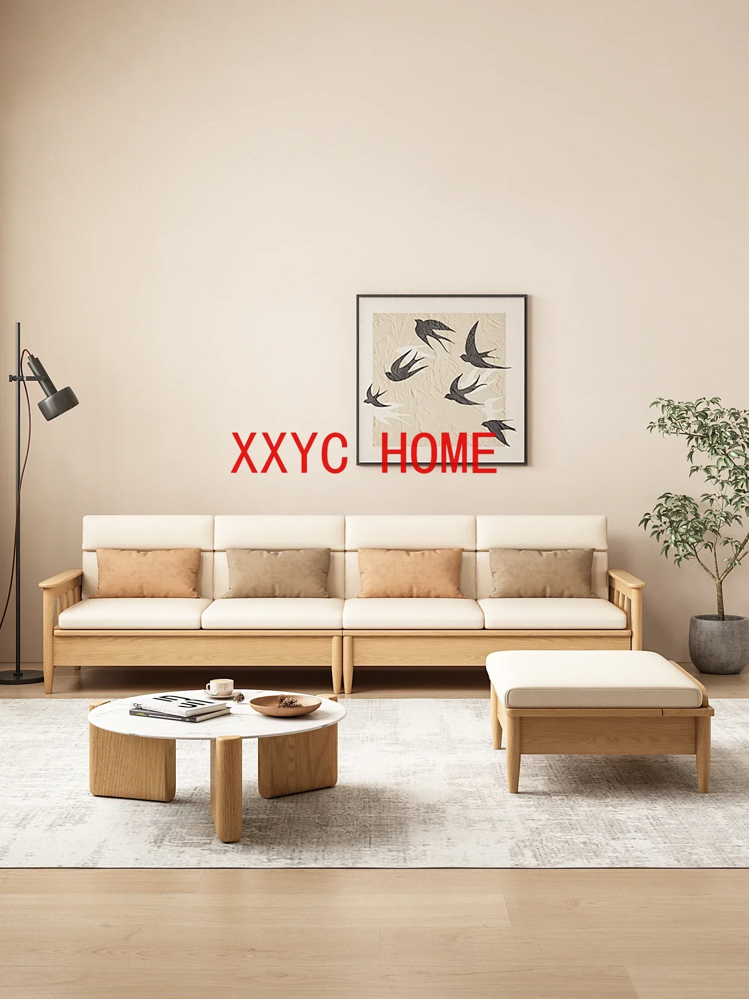 Almacenamiento de madera maciza de estilo japonés, sofá de almacenamiento multifuncional grande y pequeño para sala de estar, estilo crema