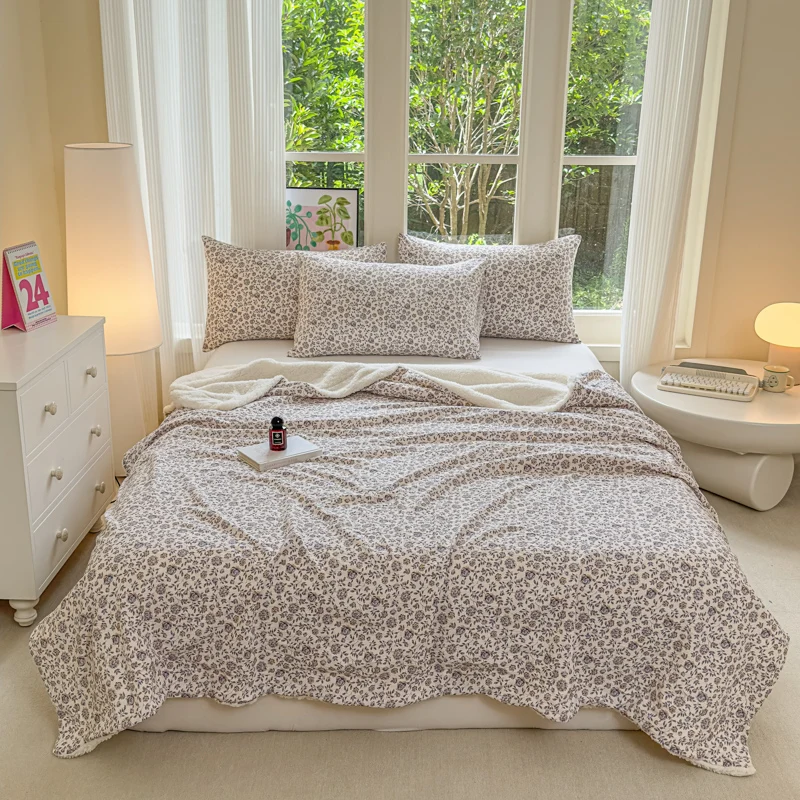 Lamb Fleece Blanket for Beds Flower Printed Raw Linen Material Bedspread Single/Queen/King Comforter for Winter Warm Thick Plaid
