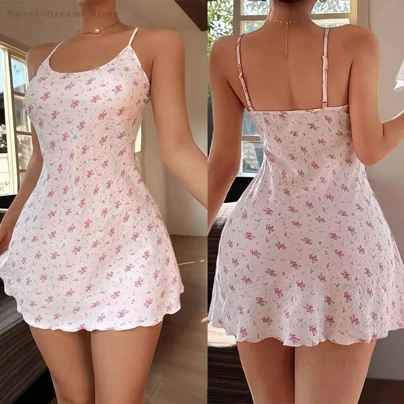 

Women Sweet Cute Fashion Pink Print Sleepwear Backless Comfortable Lace-Up Pajamas Slim Summer New Spaghetti Strap Nightdress