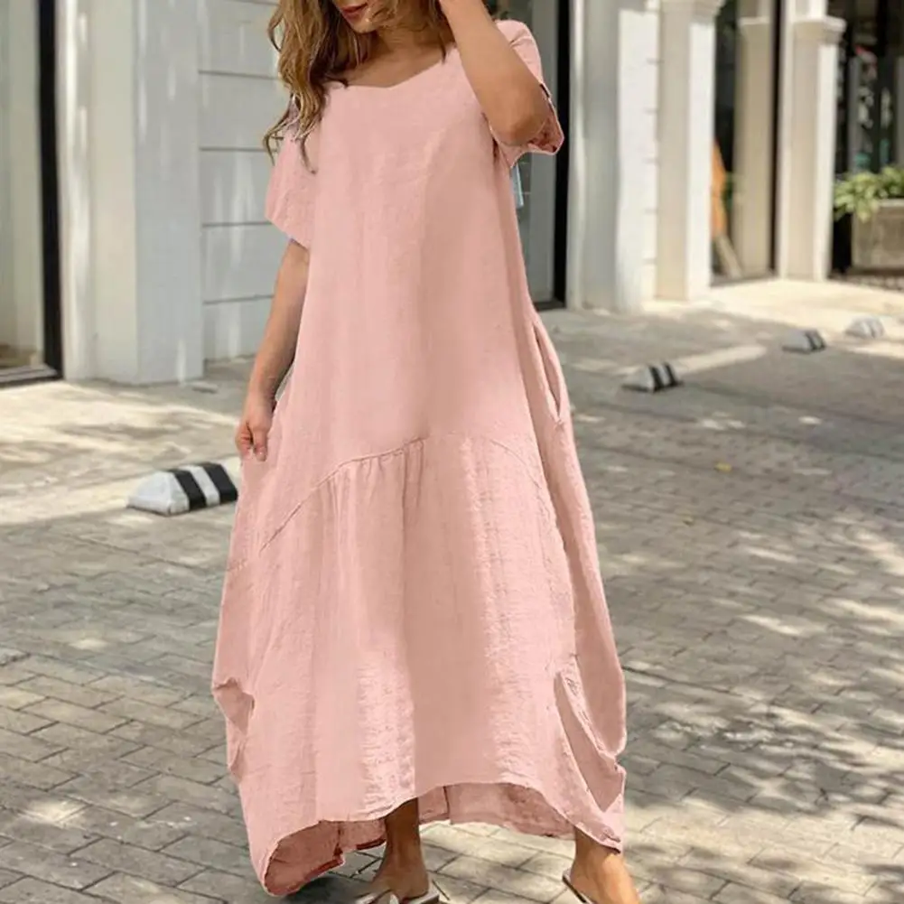 Beach Party Dress Oversized A-line Summer Dress Daily Clothes Women Dress Solid Color Loose Type O Neck Bie Hem Short Sleeves