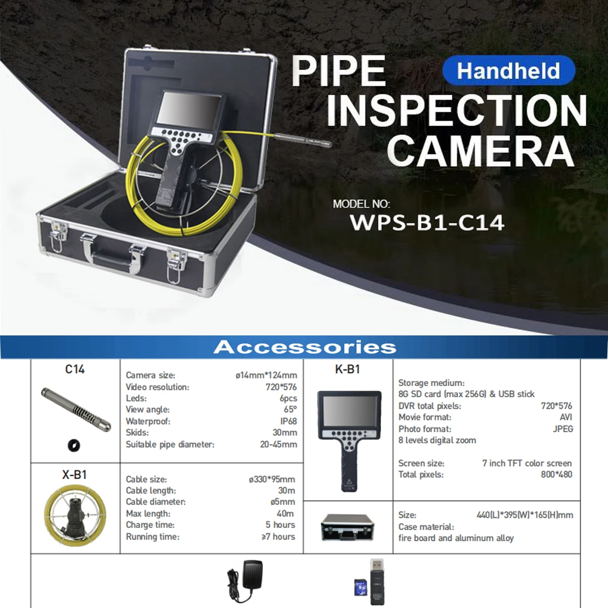 

New 14mm DVR counter Endoscope pipe camera pipe inspection camera with 512hz sonda transmitter and 512hz locator receiver