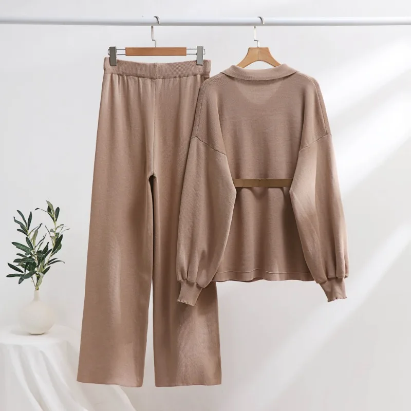 Autumn Winter Knitted Sweater Pants Suit Polo Collar Loose Sweater Coat High Waist Wide Leg Pants Women Two-piece Sets Elegant