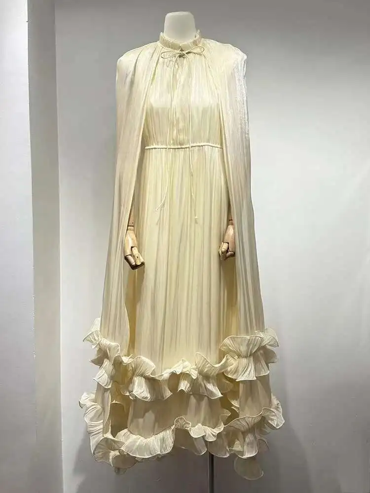 Elegant Female Party Dress Cloak Sleeves Lace-up V-neck Spliced Edible Tree Fungus Blue Robe Long Dresses  Spring New