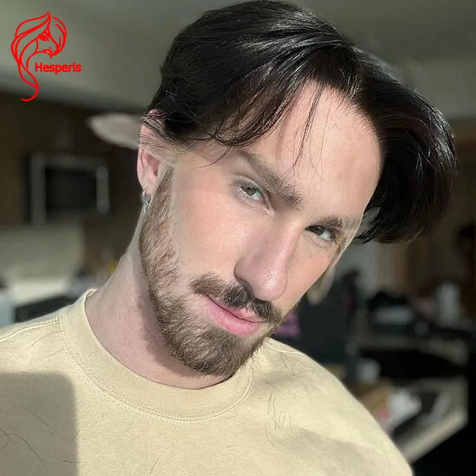 Hesperis Brazilian Remy Men's Wig Short Cut Full Lace Natural Middle Part Human Hair Pre-Cut Easy to Wear for Men