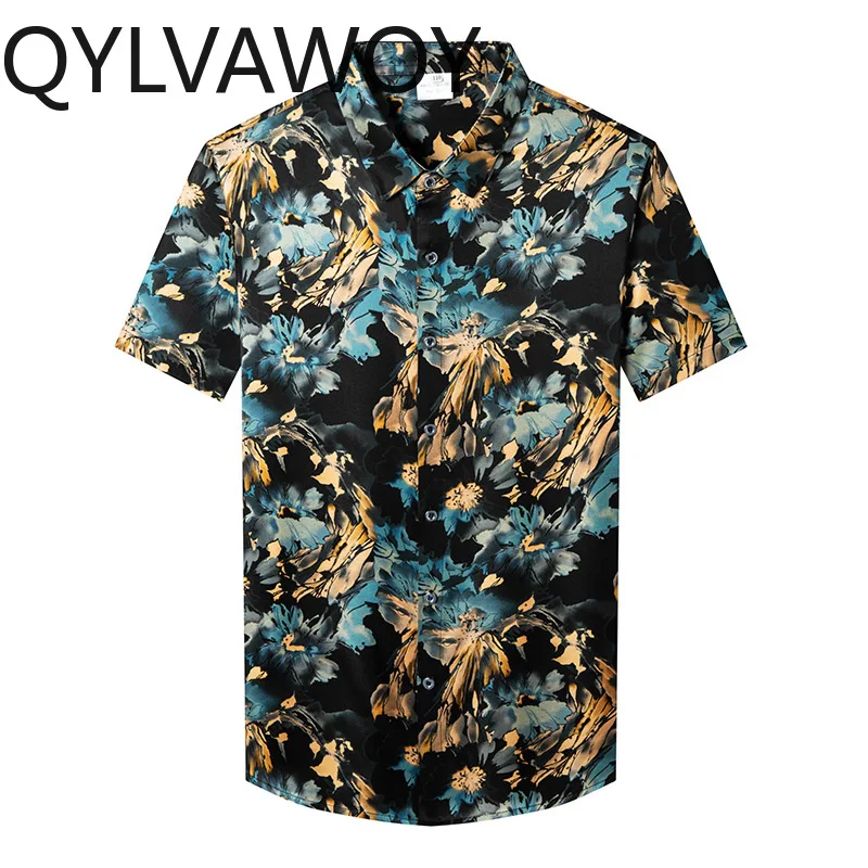 QYLVAWOY 92.5% Real Mulberry Silk Men's Shirts Hawaiian Shirt Man Vacation Shirts for Man Summer Tops Short Sleeve Vintage Shirt