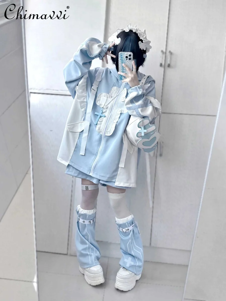 Japanese Subculture Water Color Ruffle Edge Women Loose Jacket Oversized Coat Casual Short Leg Warmer Set Autumn Girl\'s Outfits