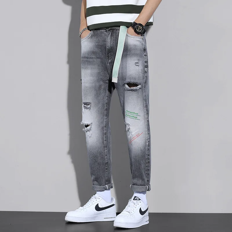2023 New Men Vintage Style Hip Hop Youth Street Jeans Fashion Korean Hole Straight Boy Men's Denim Pants Casual Business Jeans