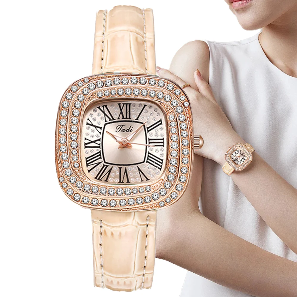 Women Fashion Luxury Square Roman Set Diamond Quartz Watch 2024 Casual Off White Women\'s Leather Clock Gift Watches