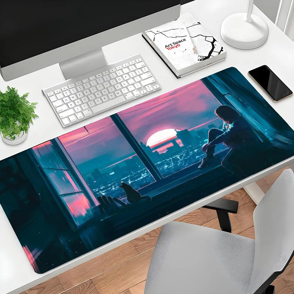

Anime Room and Black Cat Mouse Pad Large Computer Office Table Mat Rubber Anti-slip Gaming Keyboard Mousepad Long Desk Pad