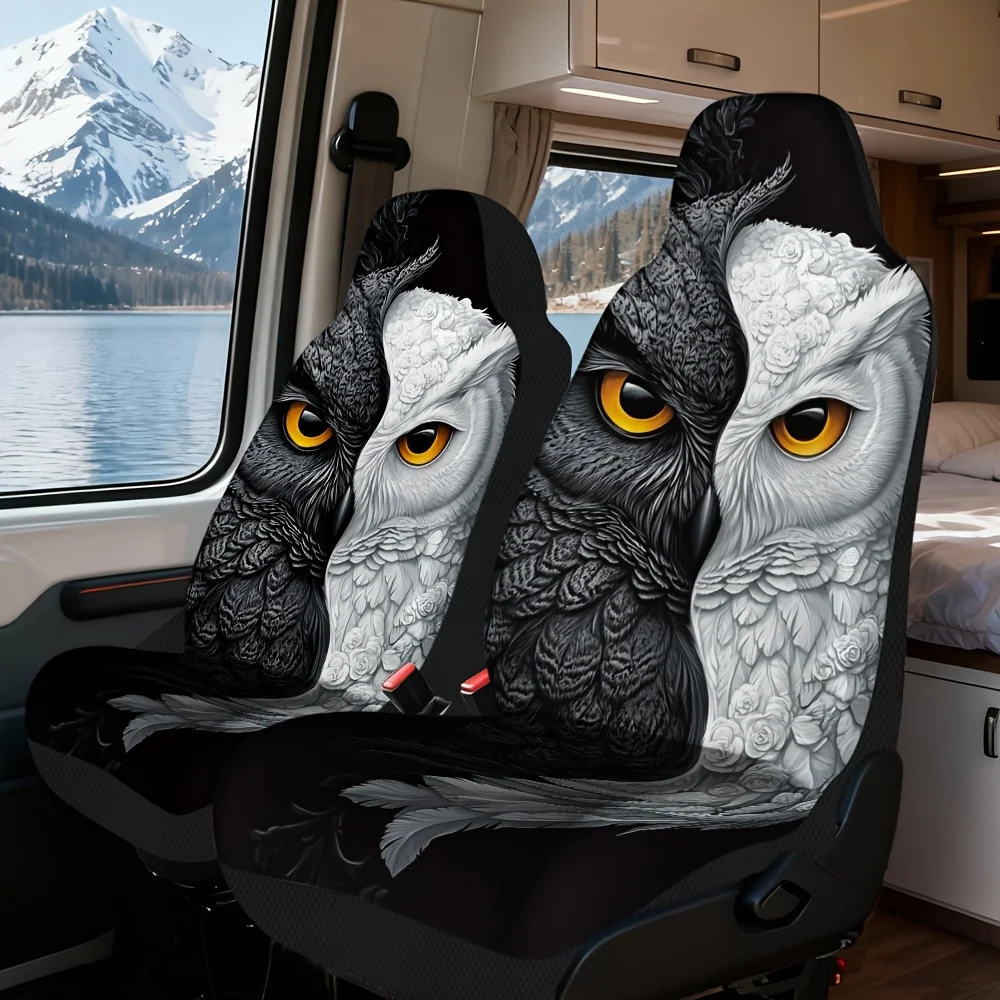 2pcs Duality Owl Fusion Print Car Seat Covers Set - Chic Vehicle Seat Covers With Secure Fit, Breathable Fabric, Stylish & Desig