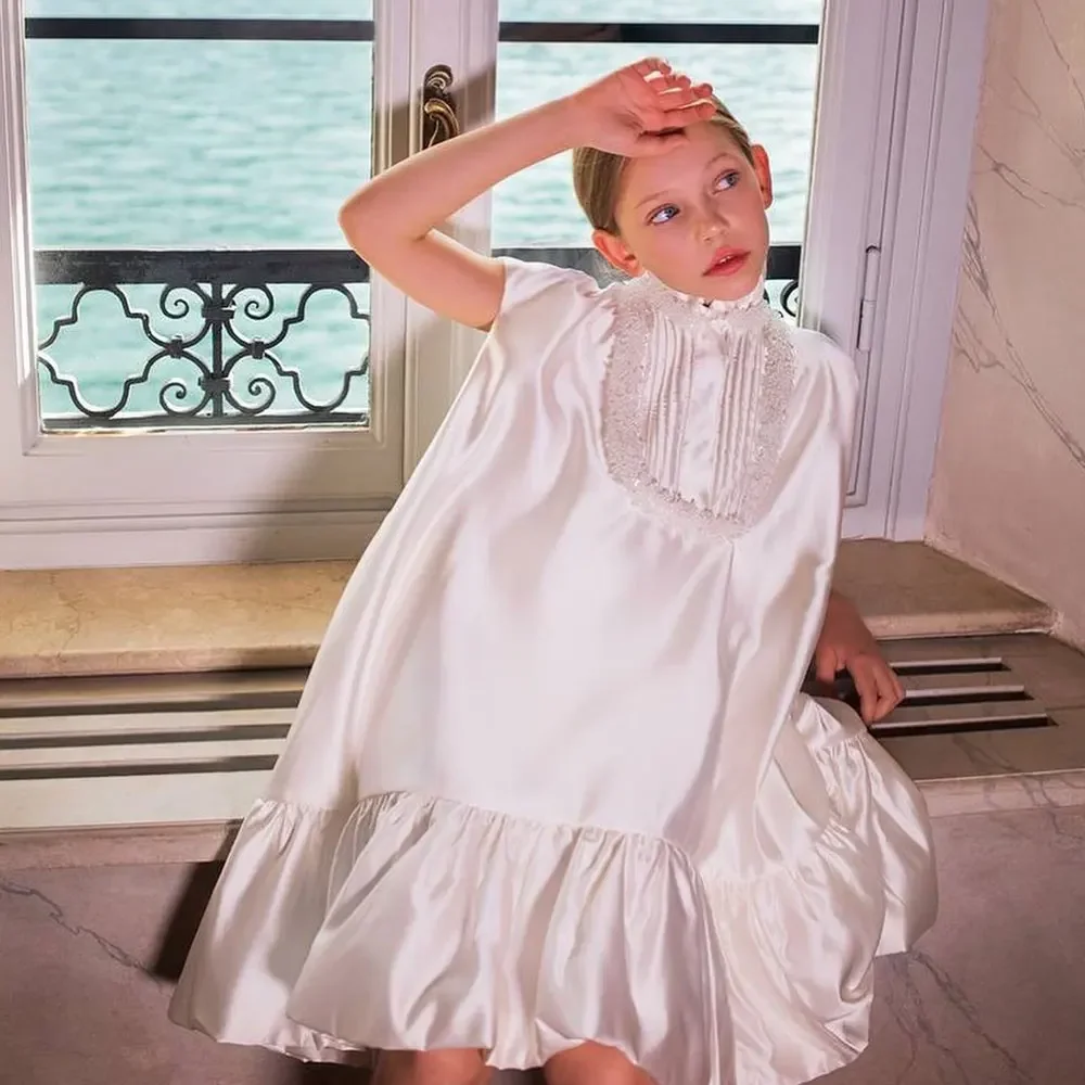 Vestido de satén blanco de lujo para niña de las flores, vestido de noche de princesa árabe para niños, regalo de cumpleaños de boda, vestidos de primera comunión