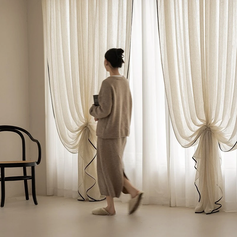 Japanese Cream Linen Simple Semi-shading White Tulle Luxury Curtains for Living Dining Room Bedroom Decor Elegant Custom Size