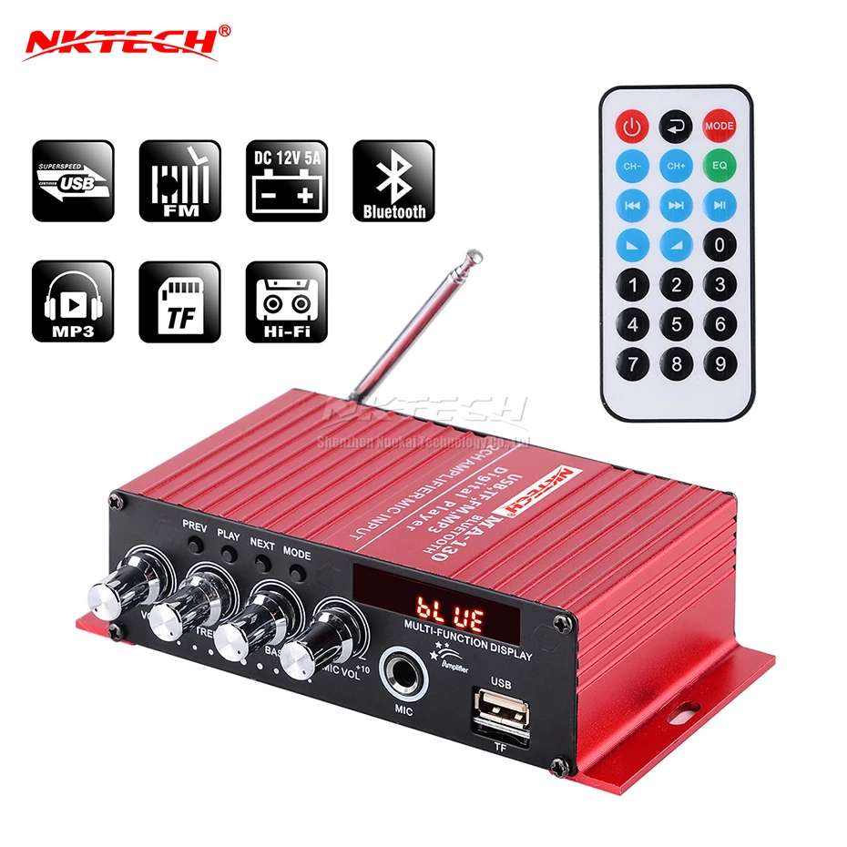 

NKTECH MA-130 Car Digital Audio Player Bluetooth Power Amplifier 2-CH x 20W Hi-Fi Stereo BASS TREBLE AMP MIC USB FM TF MP3 Input