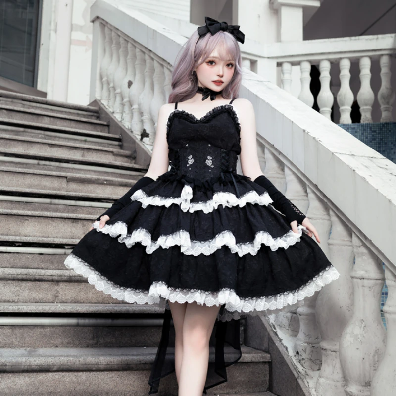 Dark Gothic Lolita Princess Dress Women Japanese Victorian Retro Lace Embroidery Ruffles Tiered Dresses Harajuku Y2k Party Dress