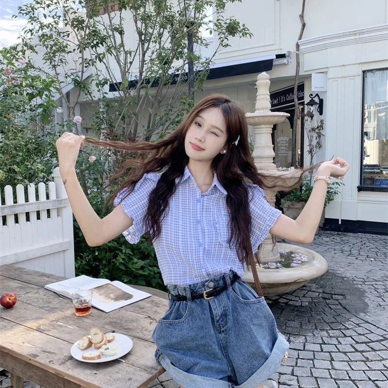 Women Clothing Plaid Turn-down Collar Single Breasted Shirts Summer Vintage Casual Ruffles Preppy Style Short Sleeve Top