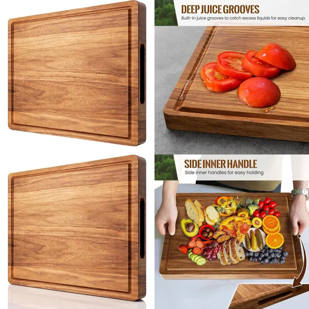 

Large Acacia Wood Chopping Board, 24x18x1.2 Inches, Reversible with Juice Grooves and Handle for Kitchen Use