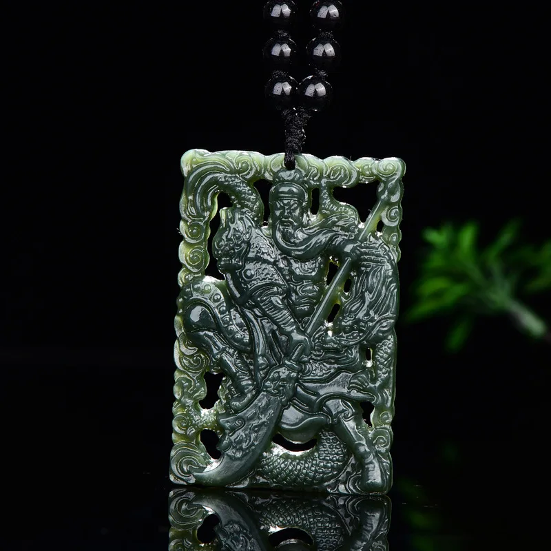 Hetian Jade Full Green Guan Gong Pendant with Chain, Jadeite Jewelry Brand Origin
