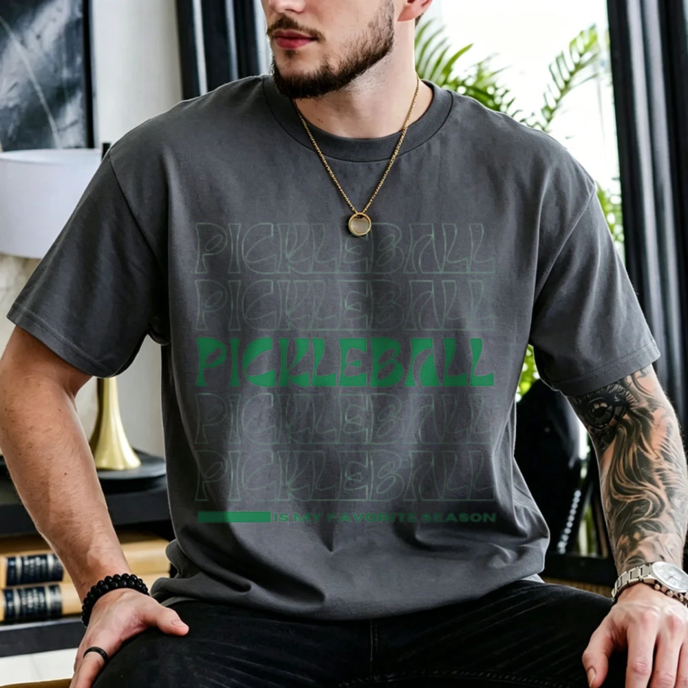 Retro Pickleball Shirt Relaxed Fit Crew Neck Short Sleeve Summer Sports Tee Dark Gray Green Outline Layered Typog Women Clothes