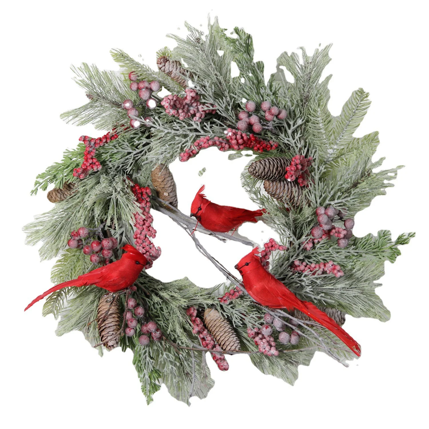 Natural Rattan Circle Simulated Berry Pine Cones Pine Needles Red Bird Wreath Christmas Decoration Door Wall Hanging