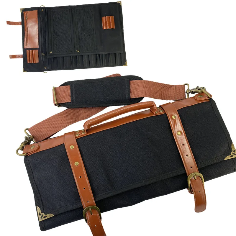

Chef Knife Waxing Canvas Bag Handmade Series Packaging Chef Knife Roll Leather Tool Bag