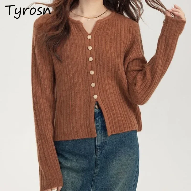 

Cardigan Women Buttons Decoration V-neck Solid Screw Thread Patchwork Autumn Winter Design Slim Pullover Sweaters Korean Daily