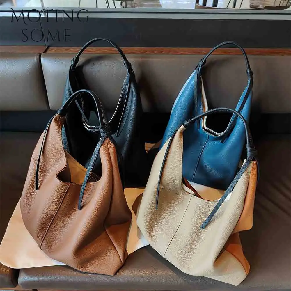 Motingsome Soft Cow Leather Handbag for Women Minimalism Patchwork Color Shoulder Fashionable Casual Tote Oversize Bags 2024 New