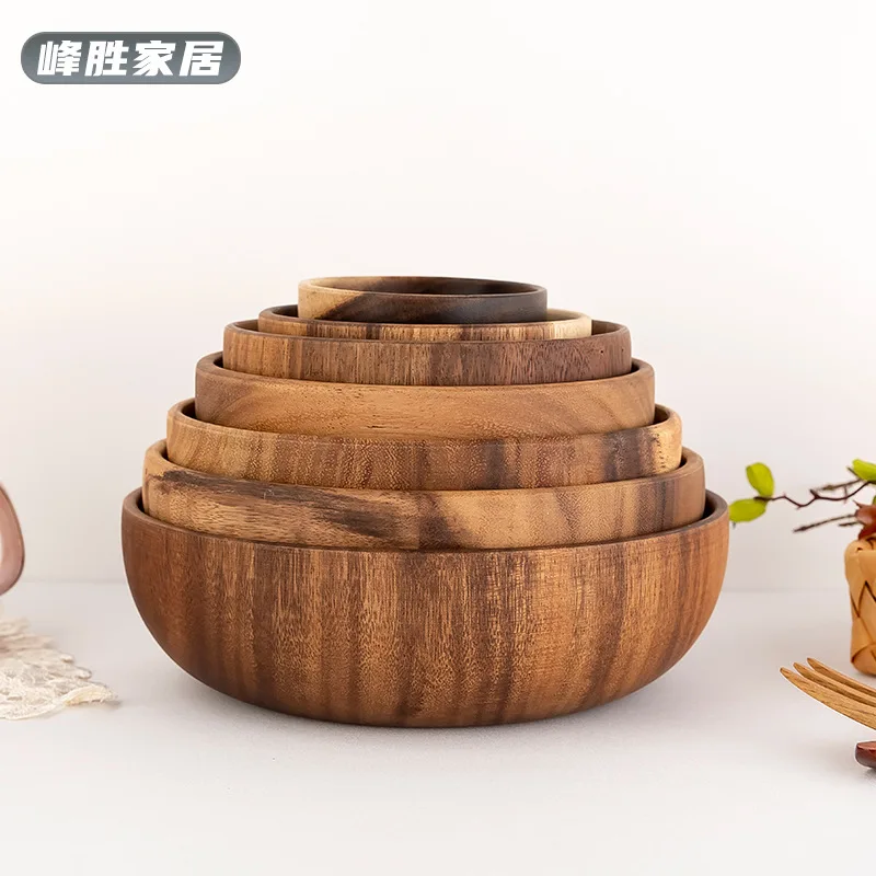 Japanese Style Acacia Mangium Wooden Bowl Large Solid Whole Wood Flat Bottom Instant Noodle Bowl Salad Bowl Fruit Bowl Heat Insu