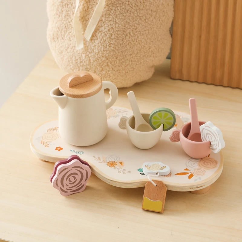 Baby Holz Montessori Spielzeug Silikon Tassen Holz teller Tabletts Dessert Modell spielen Haus Nachmittags tee Set Kinder Puzzle Spielzeug Geschenk – Detail 17