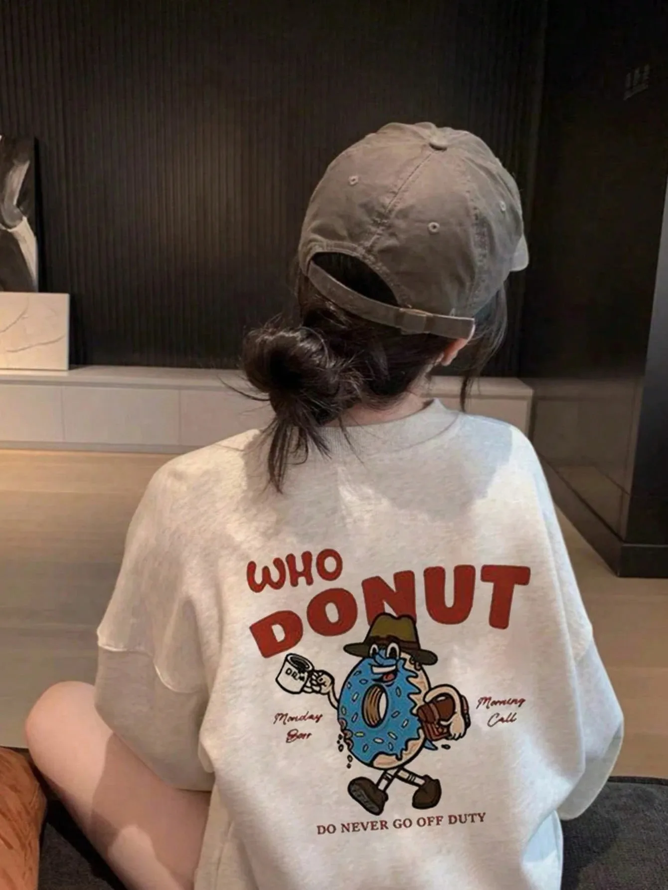 Women's Autumn Loose Minimalist Fashion Versatile Letter Cartoon Donut Print Long Sleeve T-Shirt Retro Y2K Street Casual Tops