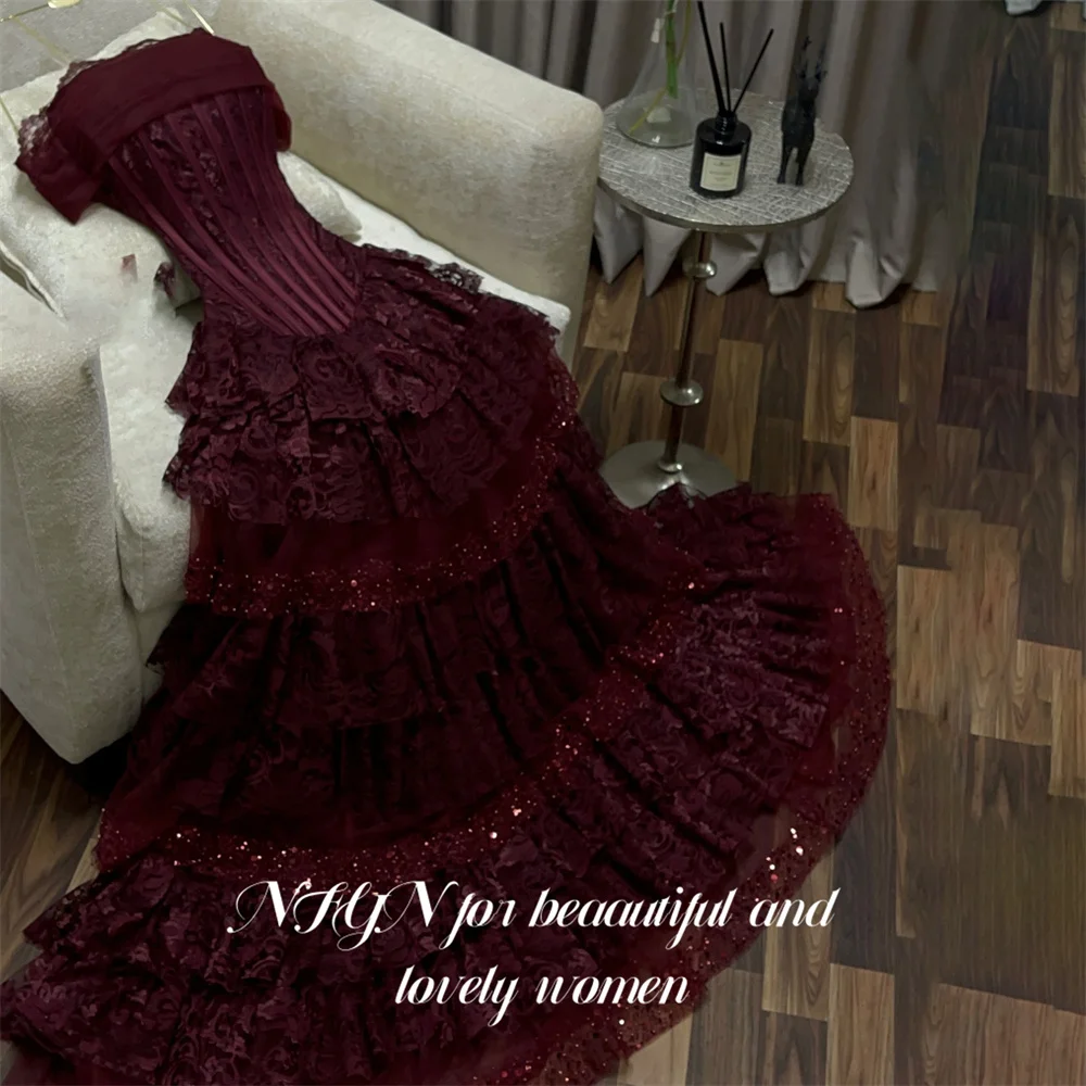 NFYN Burgundy Prom Dresses Off the Shoulder Short Sleeve Evening Dress Layered Party Dress vestidos de fiesta Customized