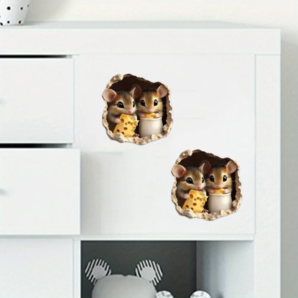 2‑Pcs Torn‑Wall Little Mouse Wall Stickers Single Size 10x10cm Cute Mouse Peeking Out From Wall Hole Holding Cheese