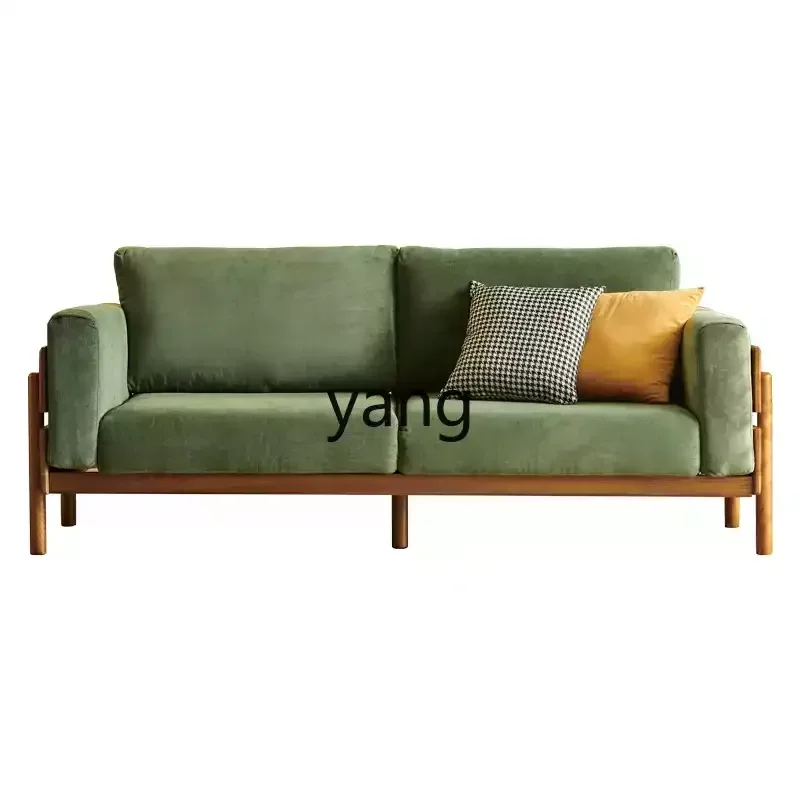 Yjq retro solid wood sofa small apartment three-person straight row living room household corduroy fabric sofa