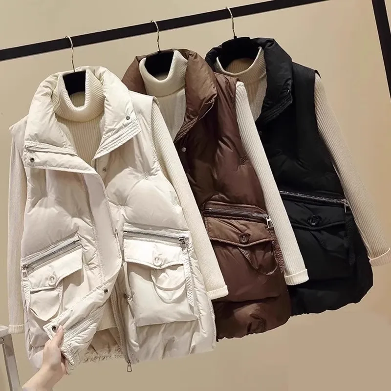 2023New Fall Winter Women\'s Down Cotton Vest Coat Short Stand Collar All-match sleeveless Jacket Female Casual Fashion Waistcoat