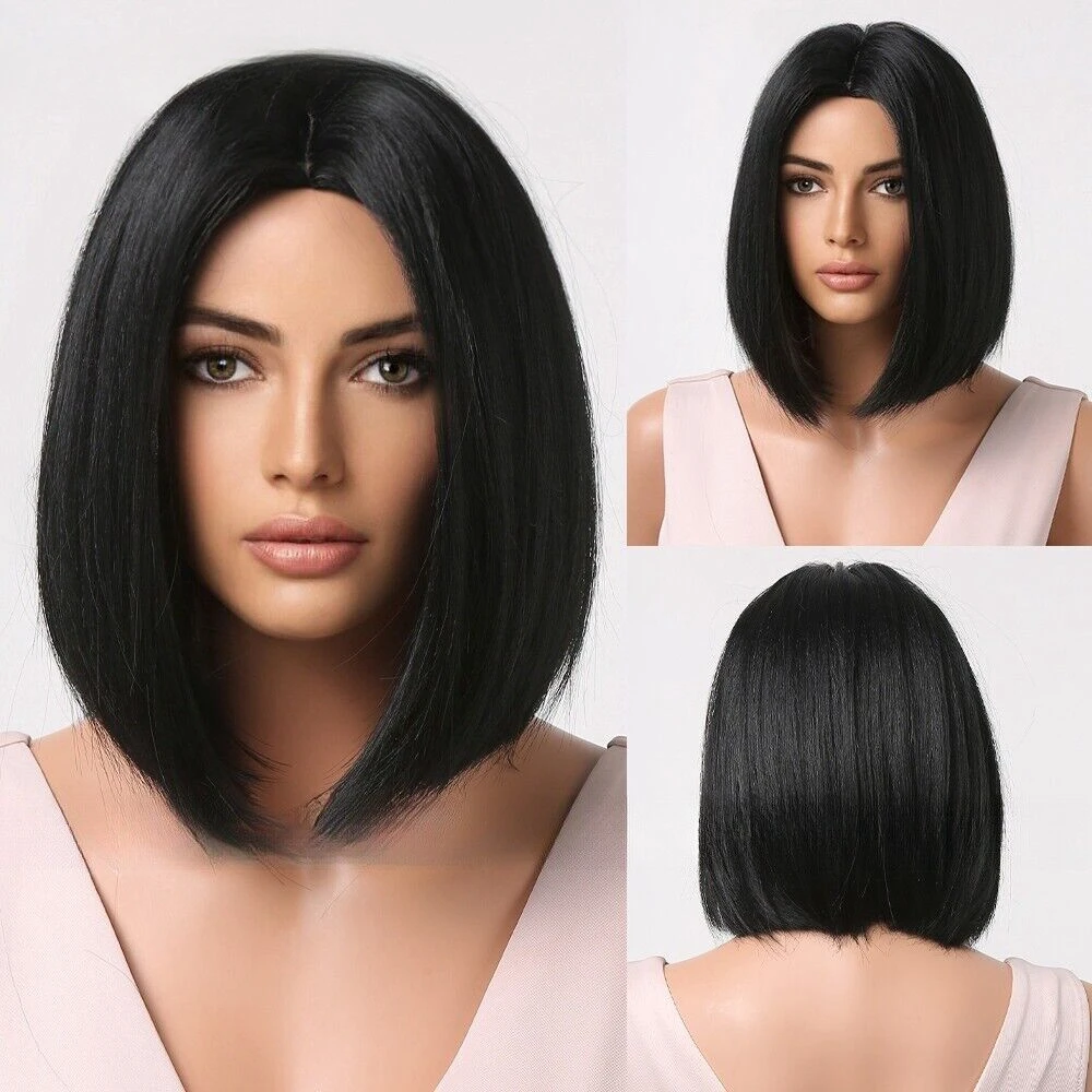 Peruca de cabelo preto curto para mulheres, cabelo liso respirável, uso diário, verão