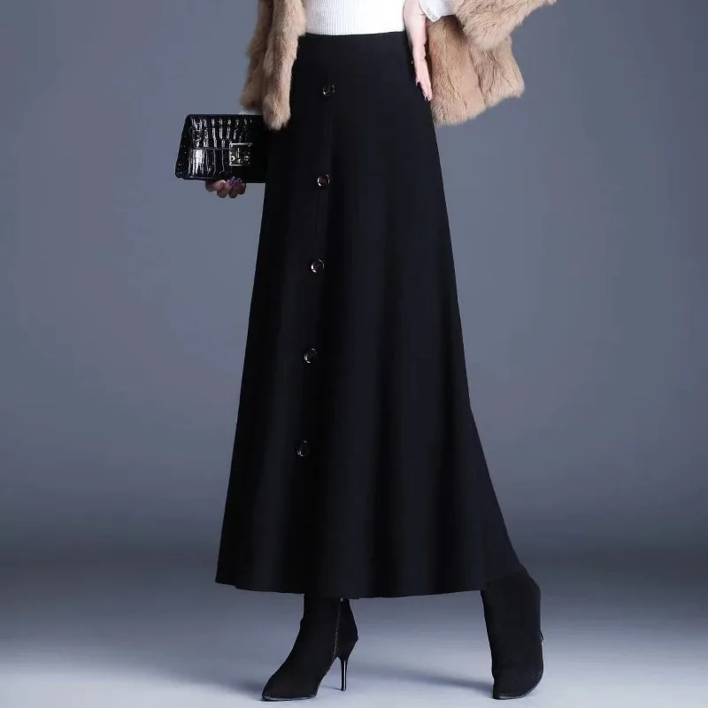 women high waist a line maxi skirt front decorative button casual swing long skirt