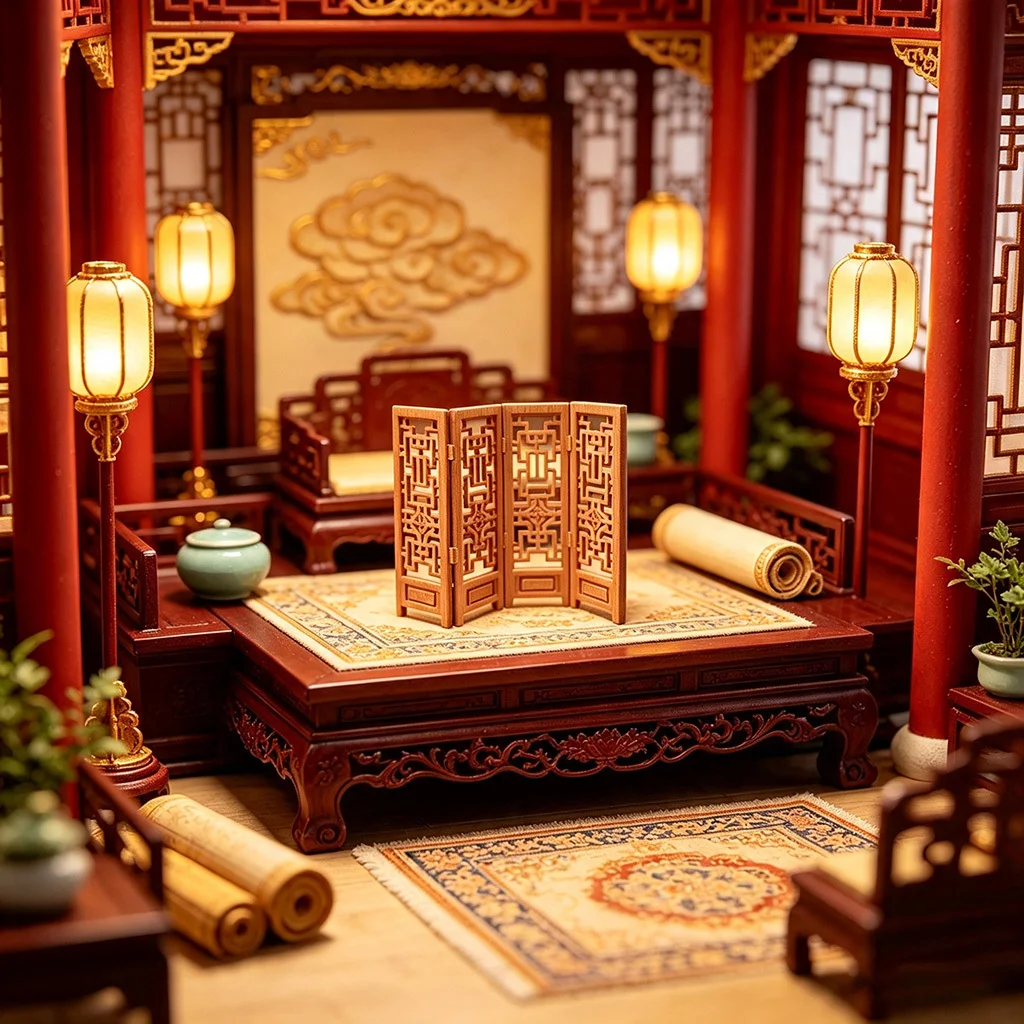 Oriental Vintage Hollow Folding Screen 3D Printed Miniatures Partition Chinese Lattice Screen Dollhouses Diorama DIY Craft Gifts