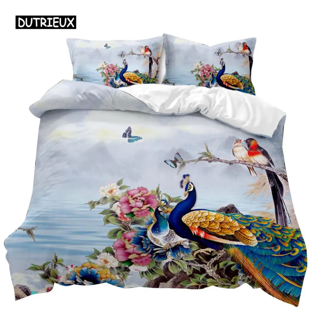 Peacock Duvet Cover Set Elegant Gorgeous Blue Feather Comforter Cover Girls Women Pink Flower Birds Animal Polyester Qulit Cover