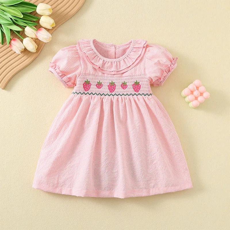 

2024 Girls Dresses Children's Clothes Summer Outfit Kids Embroidered Pattern Paid Costume Cotton Breathable Strawberry Outfit