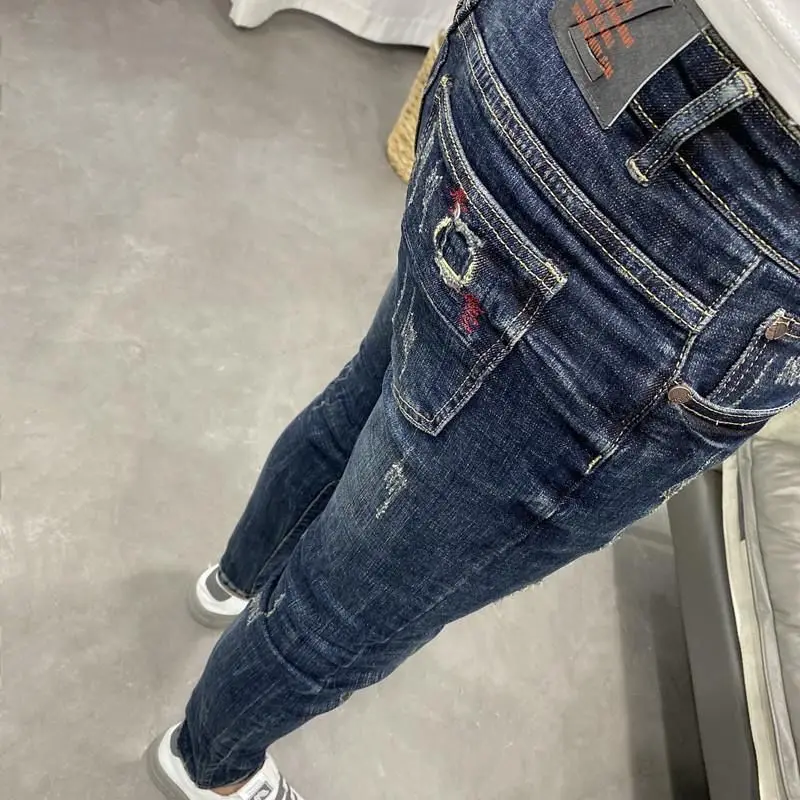 New 2024 Washed Black Slim Fit Denim Jeans for Men Floral Embroidery Casual Fashion Full Length Spring Autumn Cotton Trousers