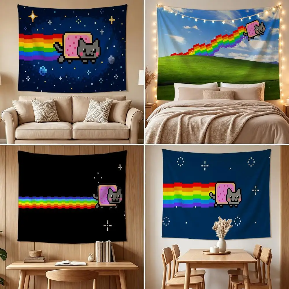 Cartoon Game N-Nyan Cat Tapestry Custom Living Bedroom Party Dormitory Interior Wall Bohemian Decoration Attached Clip