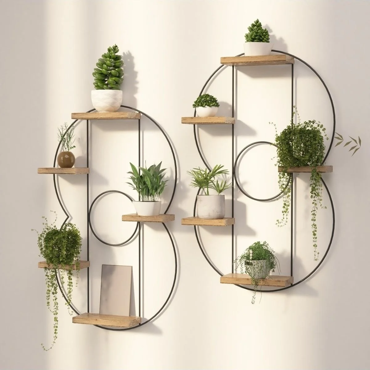 2 Pieces Modern Decorative 5 Sections Wall Shelf Holder Plant Pot Handmade Wood Design Decoration