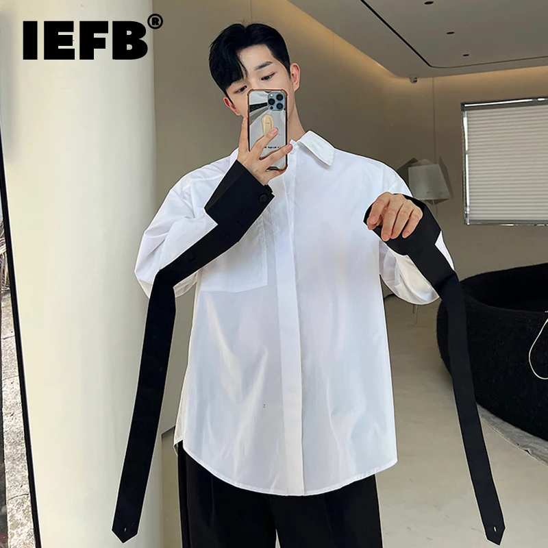 IEFB Korean Style Elegance Male Shirts Autumn Personality Clothing Contrast Color Ribbon Long Sleeve Tops Fashion Spliecd 9C1566