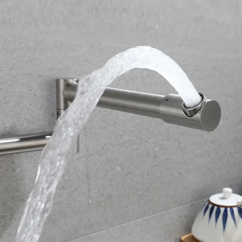

In-Wall Rotate Kitchen Faucet Pot Filler Double Joint Spout Folding Stretchable Swing Arm Stainless Steel Cold Water Washing Tap