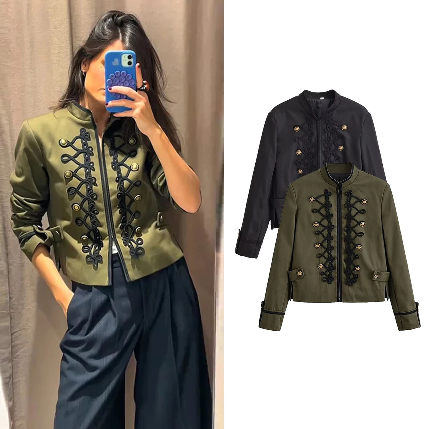 

Women Vintage Stand Collar Chic Jackets Coat Spring Female Long Sleeved Slim Fit Buttons Decoration Jacket Lady Street Outwears