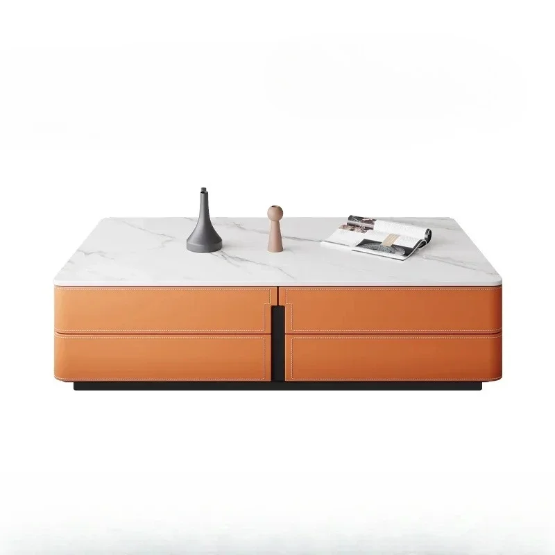 A Italian minimalist saddle leather coffee table TV cabinet combination, modern minimalist style, stone countertop